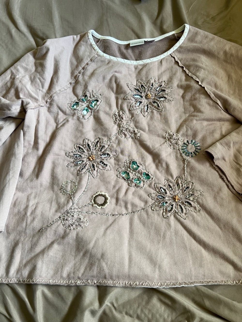 Newport News Taupe Embroidered Floral Scoop-Neck Top with Teal Accents